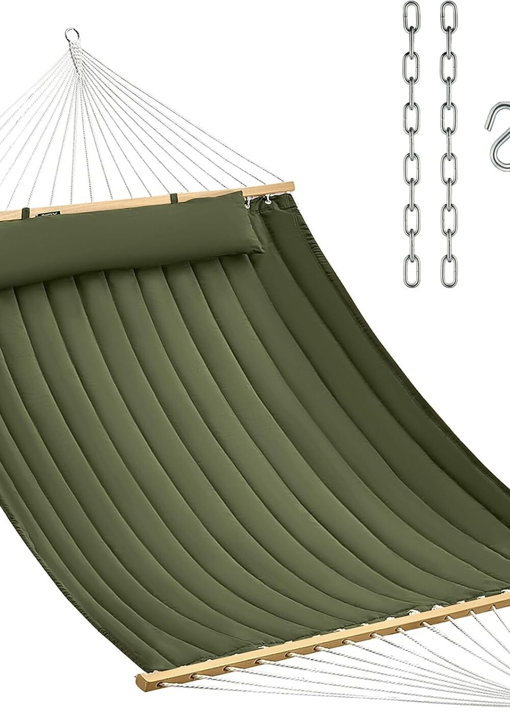 CHULIM Double Quilted Fabric Hammock with Hardwood Spreader Bars and Pillow 450 LBS Capacity 2 Person Large Hammock for Outdoor Patio Backyard Poolside - Green