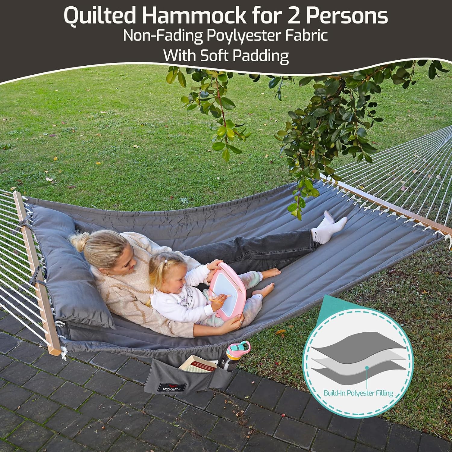 CHULIM Double Quilted Fabric Hammock with Hardwood Spreader Bars and Pillow 450 LBS Capacity 2 Person Large Hammock for Outdoor Patio Backyard Poolside - Green - Image 2
