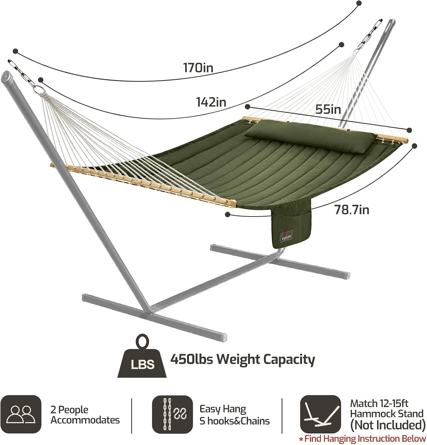 CHULIM Double Quilted Fabric Hammock with Hardwood Spreader Bars and Pillow 450 LBS Capacity 2 Person Large Hammock for Outdoor Patio Backyard Poolside - Green - Image 6
