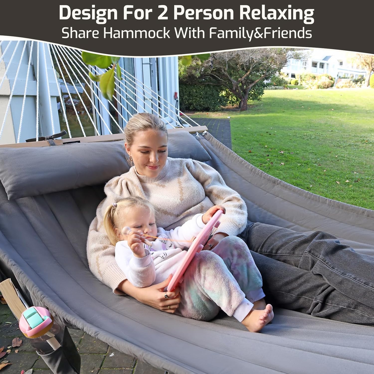 CHULIM Double Quilted Fabric Hammock with Hardwood Spreader Bars and Pillow 450 LBS Capacity 2 Person Large Hammock for Outdoor Patio Backyard Poolside - Green - Image 7