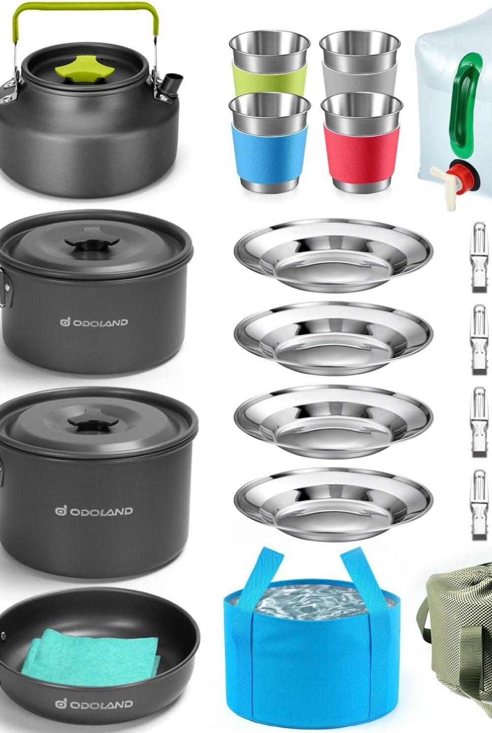 Odoland 29pcs Camping Cookware Mess Kit, Non-Stick Lightweight Pots Pan Kettle, Collapsible Water Container and Bucket, Stainless Steel Cups Plates Forks Knives Spoons for Outdoor Backpacking Picnic