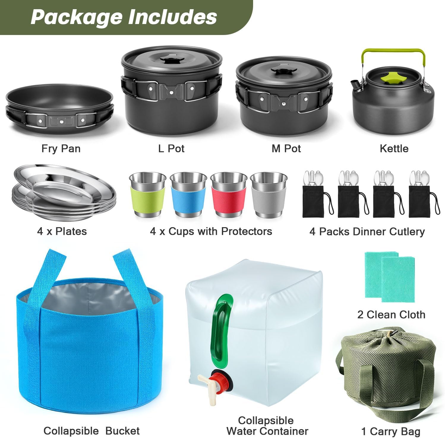 Odoland 29pcs Camping Cookware Mess Kit, Non-Stick Lightweight Pots Pan Kettle, Collapsible Water Container and Bucket, Stainless Steel Cups Plates Forks Knives Spoons for Outdoor Backpacking Picnic - Image 2