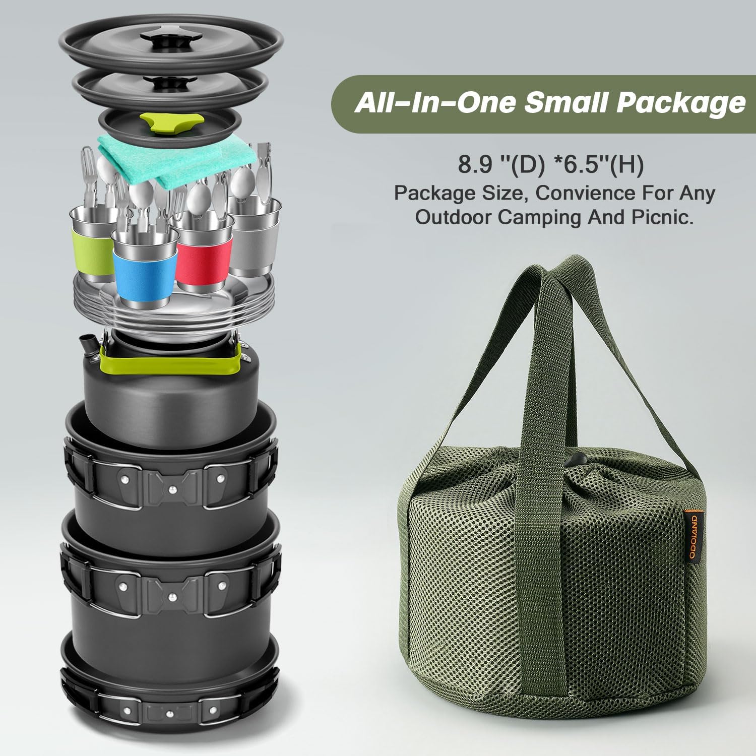 Odoland 29pcs Camping Cookware Mess Kit, Non-Stick Lightweight Pots Pan Kettle, Collapsible Water Container and Bucket, Stainless Steel Cups Plates Forks Knives Spoons for Outdoor Backpacking Picnic - Image 6