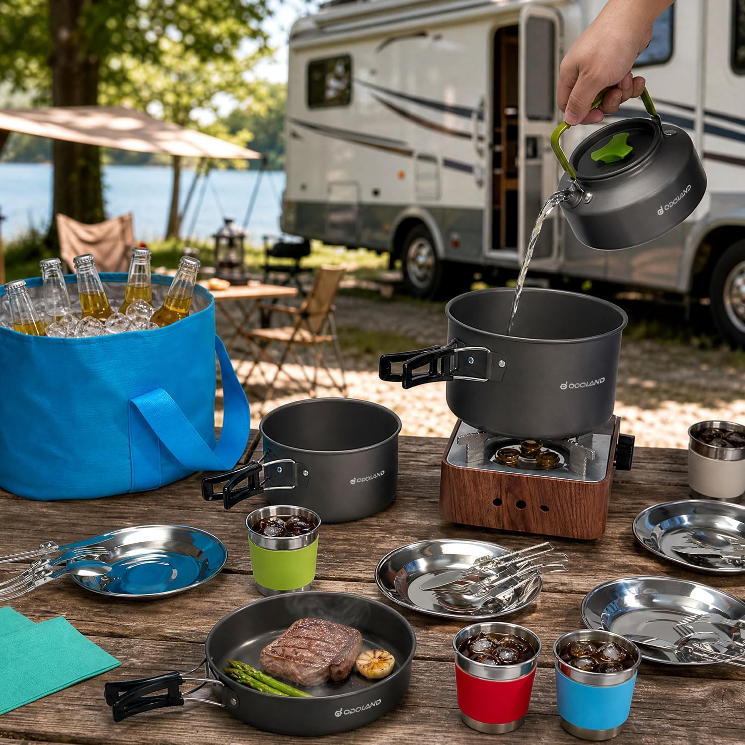 Odoland 29pcs Camping Cookware Mess Kit, Non-Stick Lightweight Pots Pan Kettle, Collapsible Water Container and Bucket, Stainless Steel Cups Plates Forks Knives Spoons for Outdoor Backpacking Picnic - Image 8