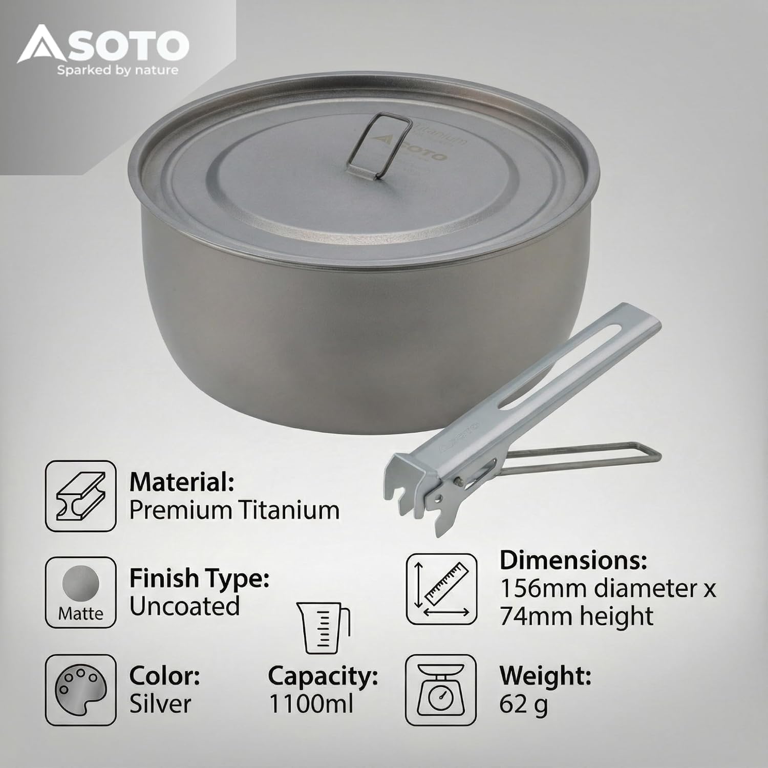 SOTO Titanium Backpacking Pot with Handle Lifter & Carry Pouch, 1100mL - Image 2