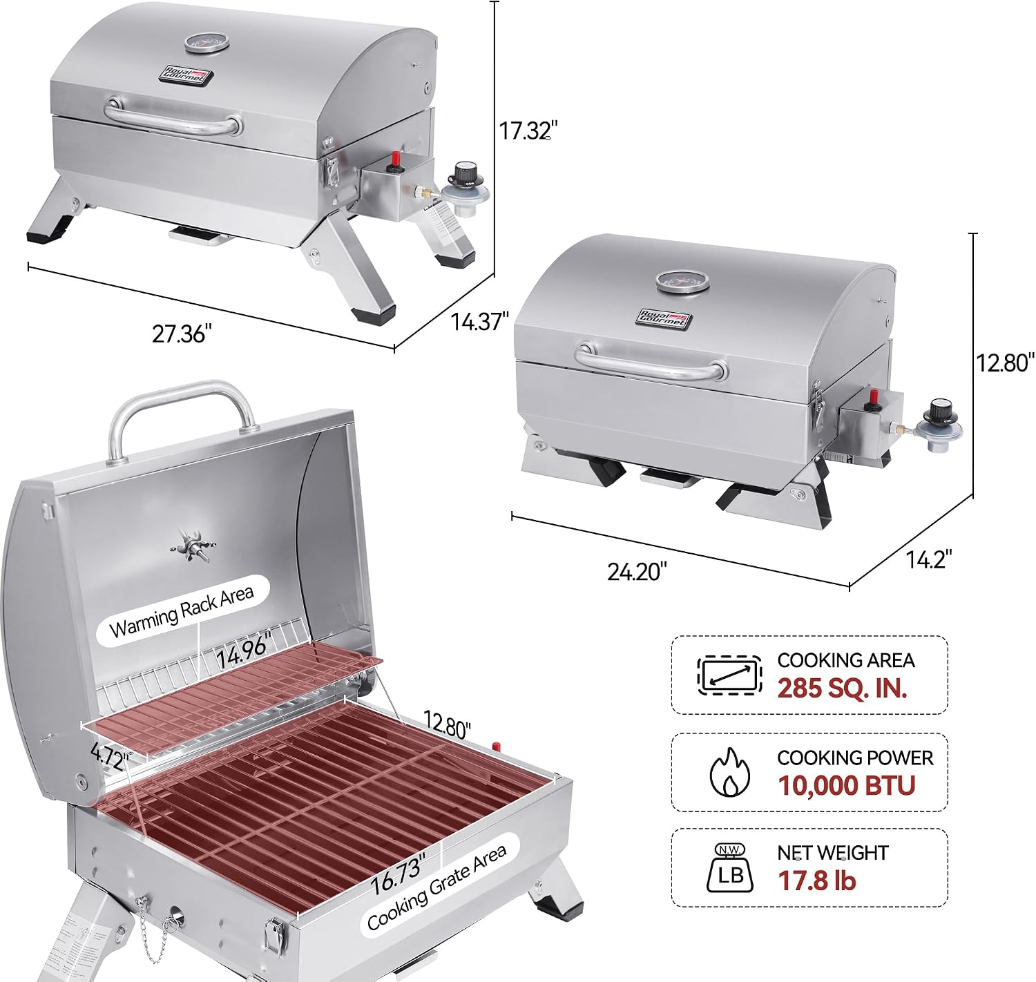 Royal Gourmet GT1001 Stainless Steel Portable Grill with Folding Legs - Image 4
