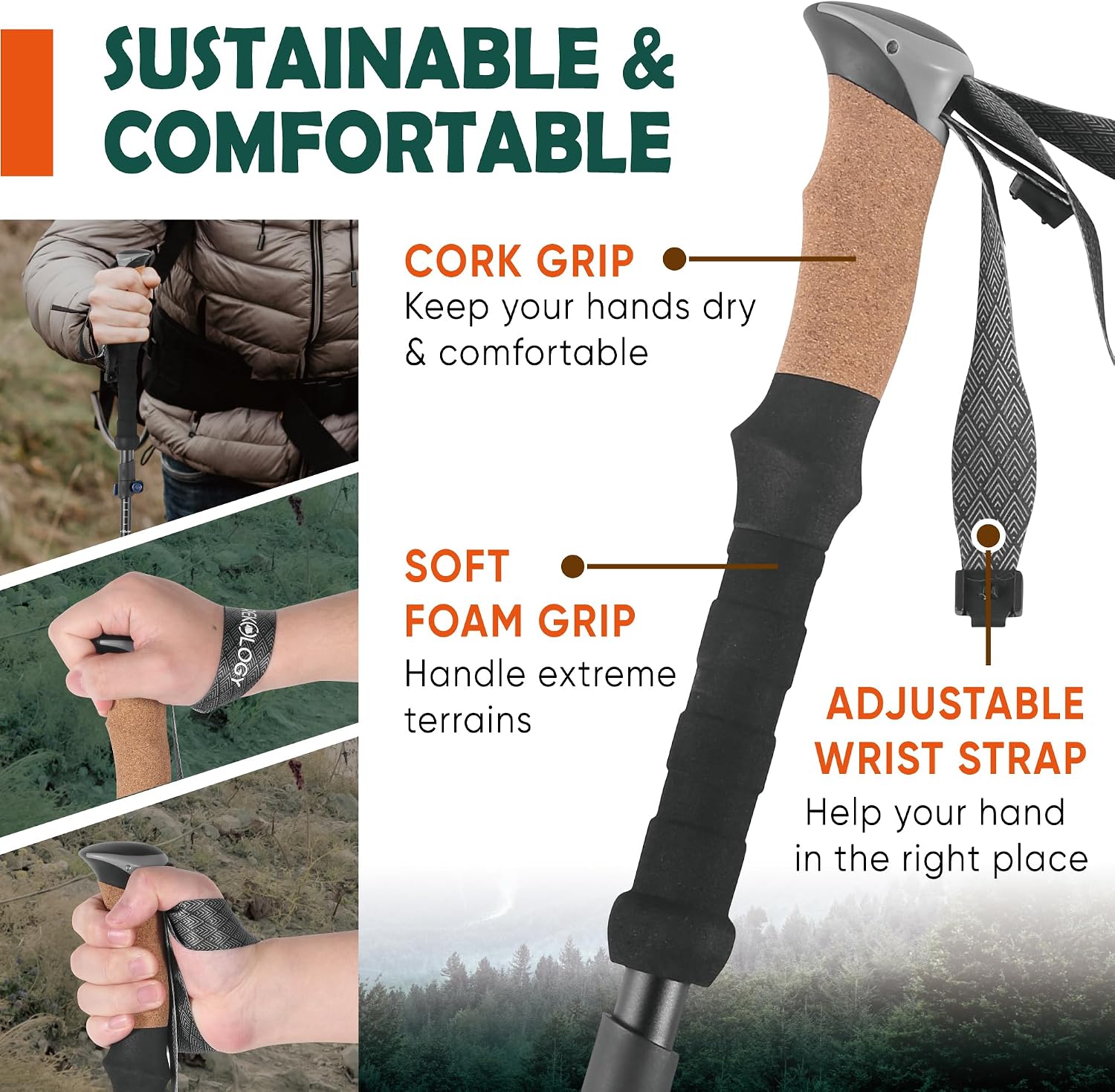 Trekology Trek-Z Cork Grip Collapsible Lightweight Hiking Trekking Poles - Image 2