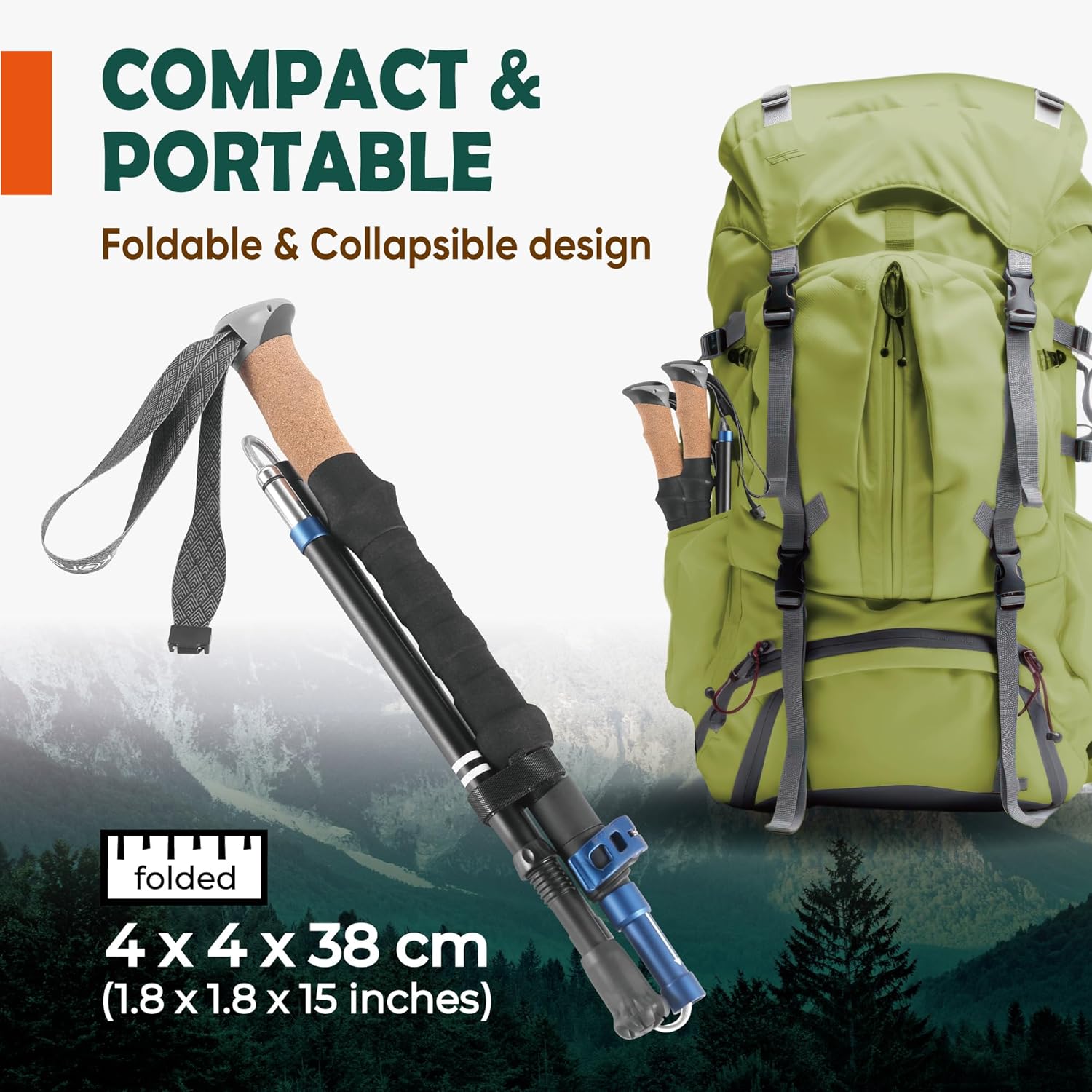 Trekology Trek-Z Cork Grip Collapsible Lightweight Hiking Trekking Poles - Image 4