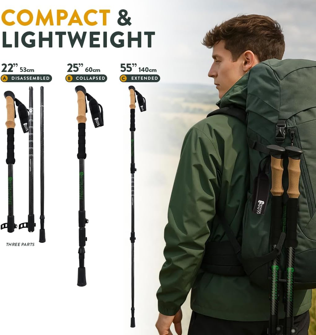 100% Carbon Fiber Trekking Poles by USA Brand - Ultra Strong Lightweight Collapsible Hiking Poles with Cork and EVA Foam Grips & Quick Adjustable Flip Locks - Image 3