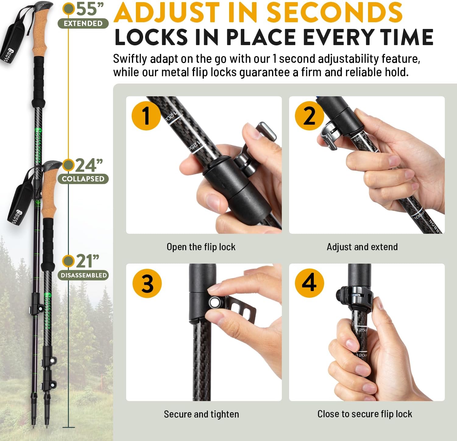 100% Carbon Fiber Trekking Poles by USA Brand - Ultra Strong Lightweight Collapsible Hiking Poles with Cork and EVA Foam Grips & Quick Adjustable Flip Locks - Image 6